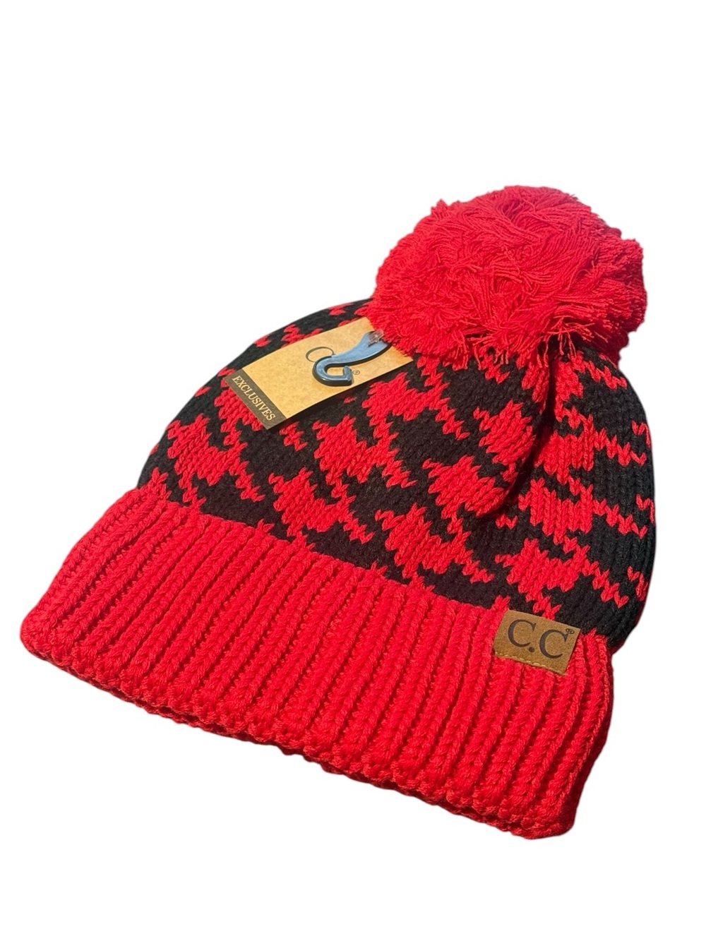 CC Beanie Red and Black Houndstooth Pom Beanie Hat